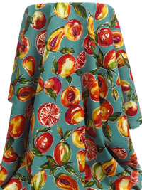 Cadet Blue/Lemon/Burnt Orange/Multi 100% Cotton Fruits Print Lawn - Imported From Japan By NY Designer - 43W