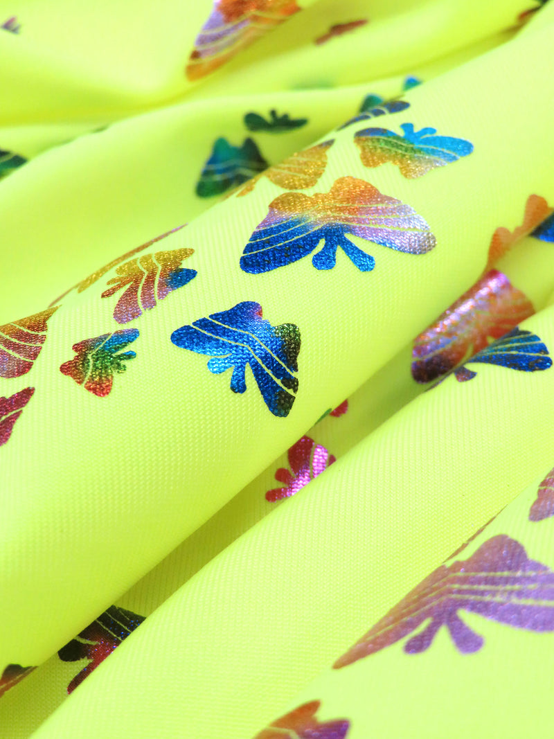 Neon Acid Yellow/Multi Polyester/Spandex Butterfly Foil Print Activewear Knit - Elite Sportswear - 58W