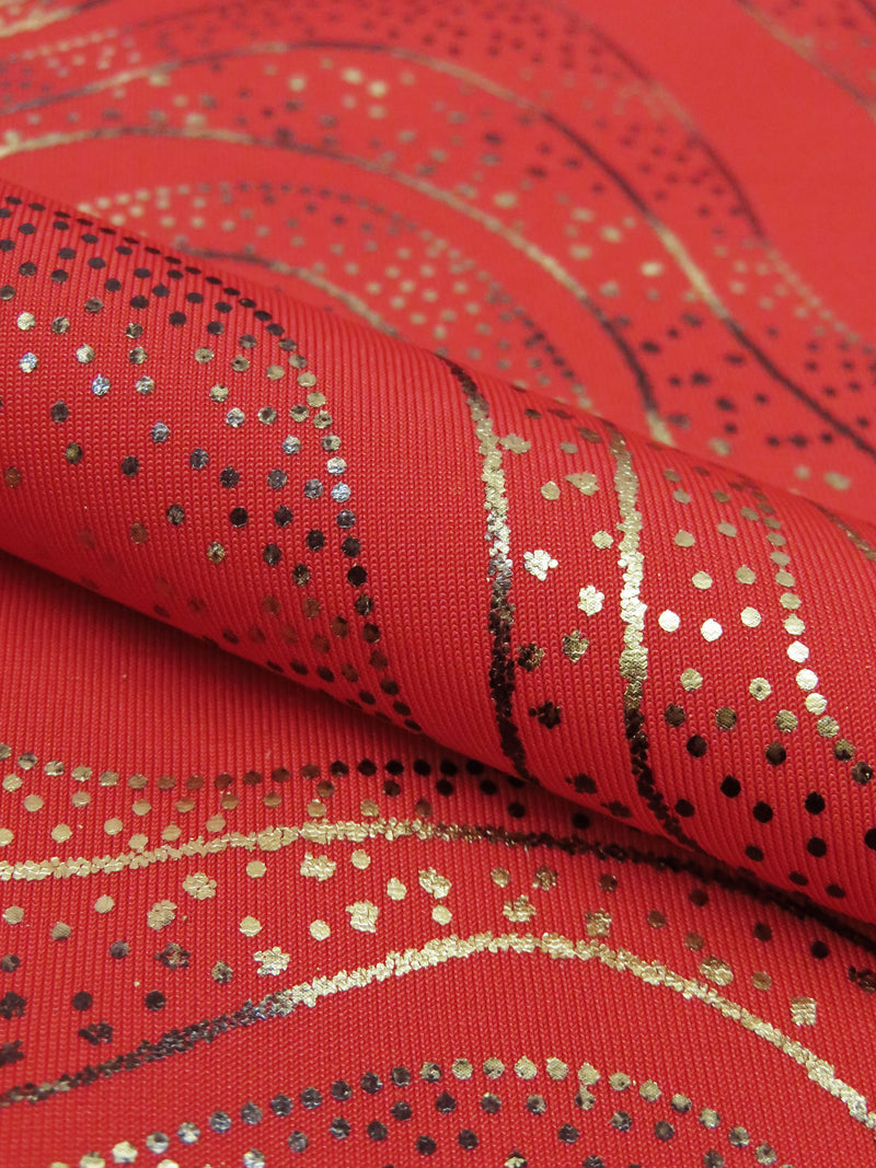 Fire Red/Brass/Dark Pewter Polyester/Spandex Dotted Waves Foil Print Activewear Knit - Elite Sportswear - 56W