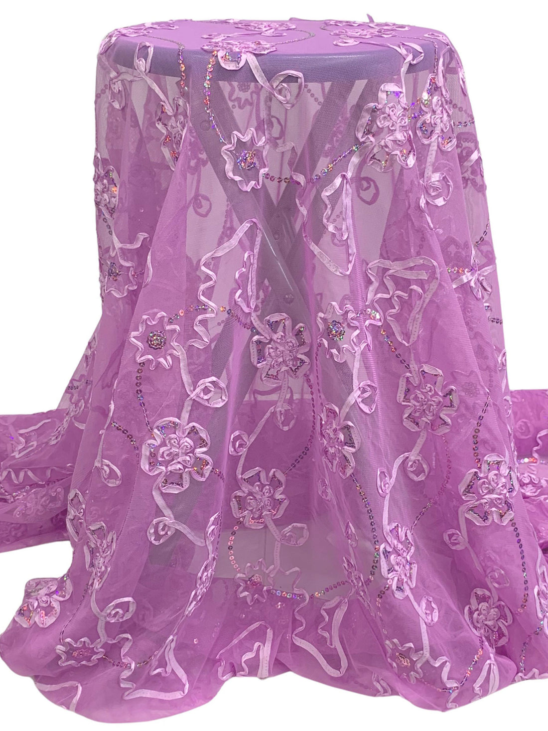 Orchid/Multi 100% Nylon Double Scalloped Border Embellished Floral With Sequins Netting 46W