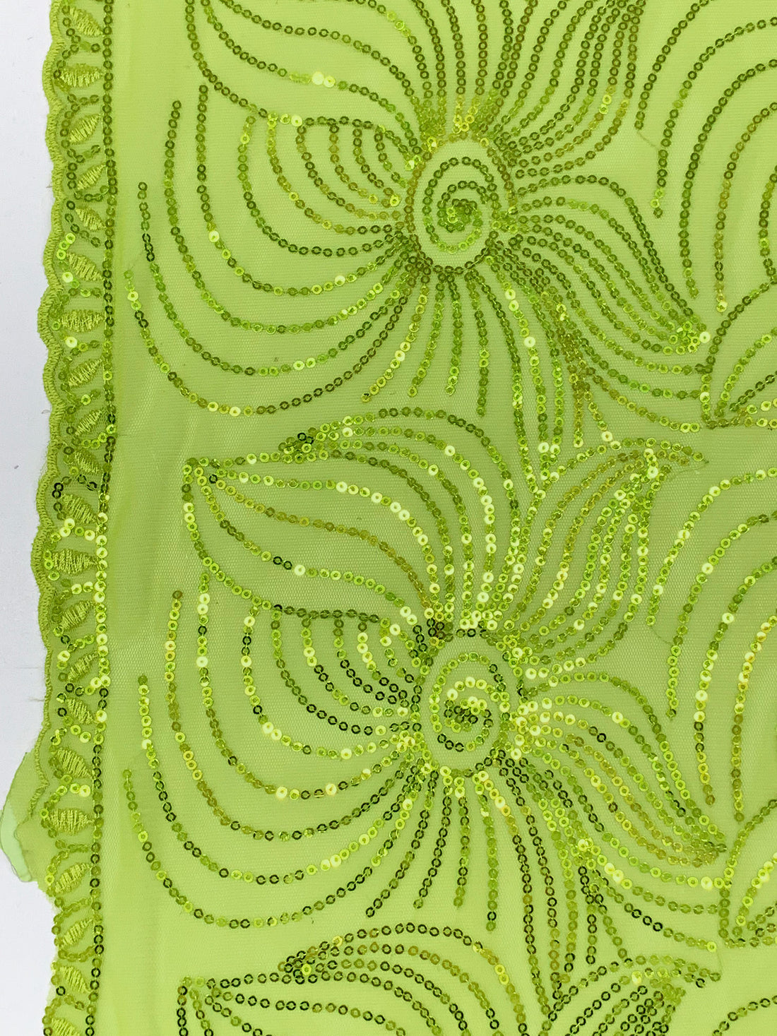 Wild Lime 100% Nylon Double Scalloped Edge Embroidered Swirly Floral Sequins On Netting 52W