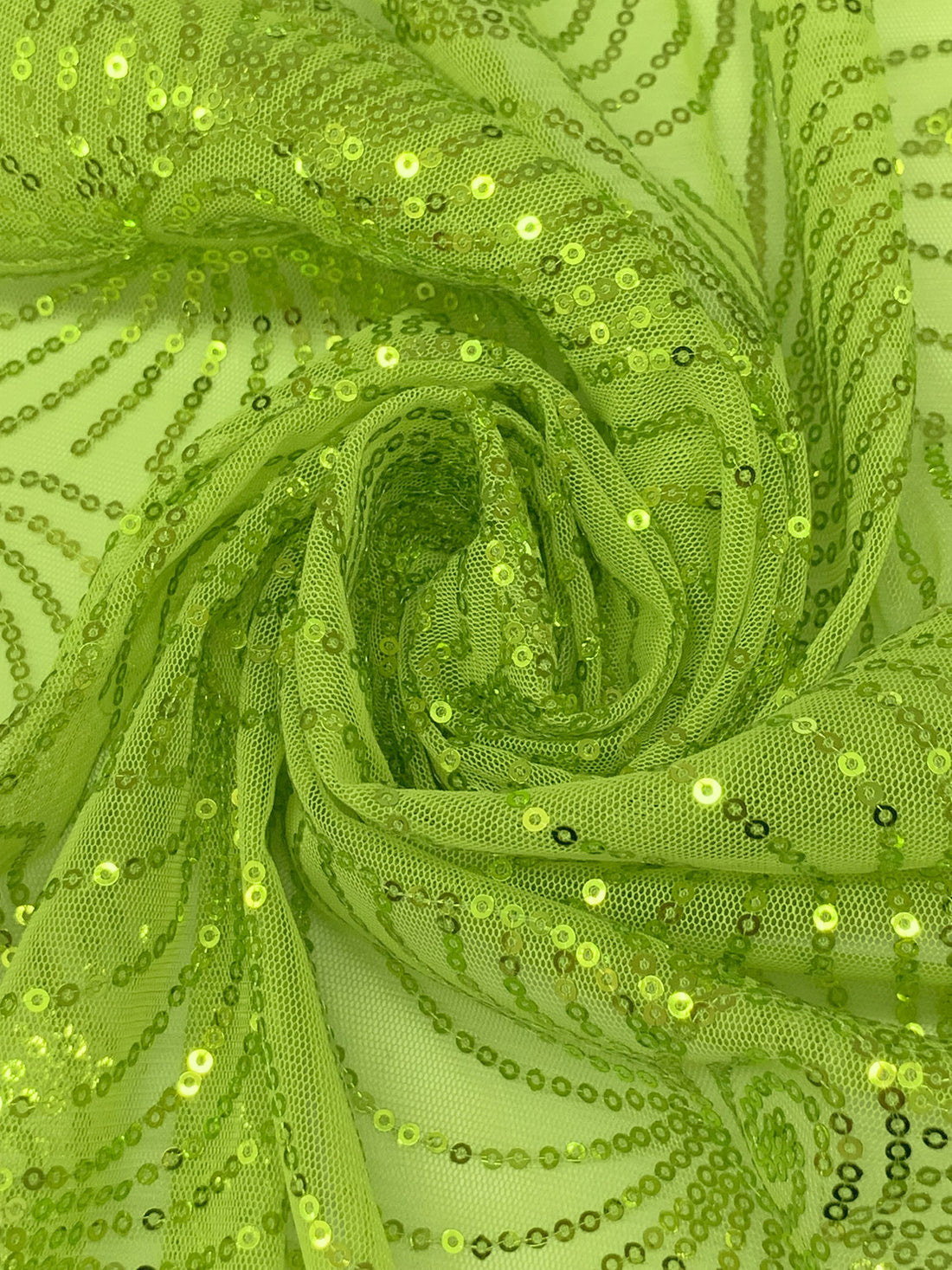 Wild Lime 100% Nylon Double Scalloped Edge Embroidered Swirly Floral Sequins On Netting 52W