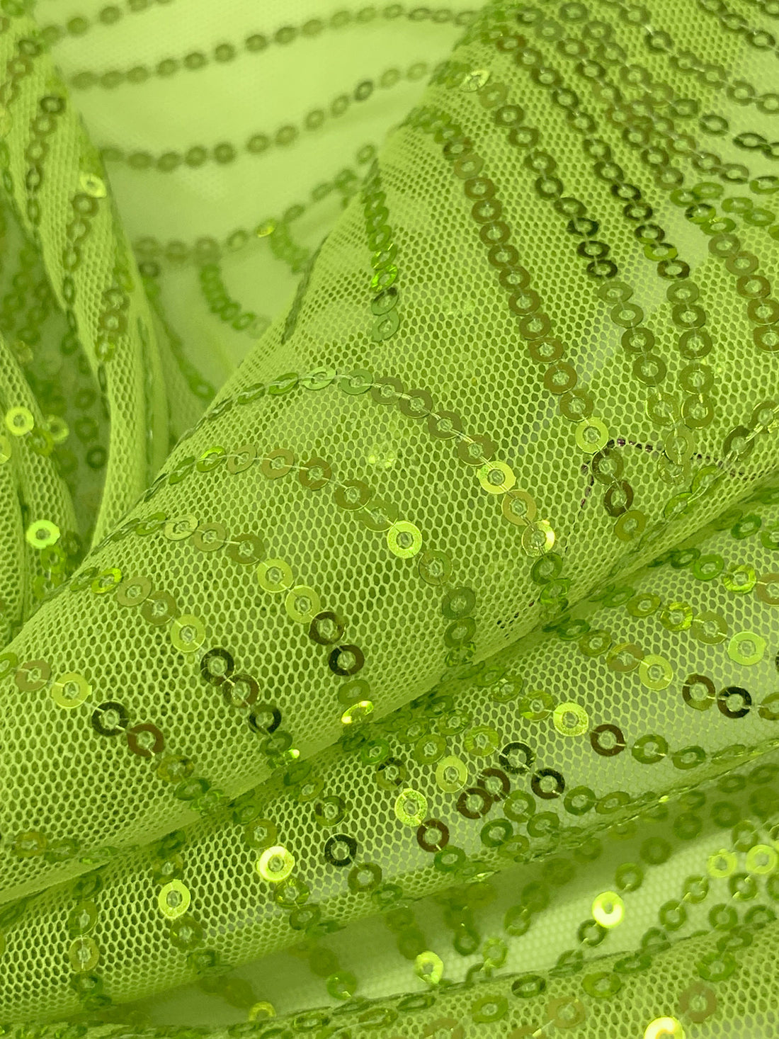 Wild Lime 100% Nylon Double Scalloped Edge Embroidered Swirly Floral Sequins On Netting 52W