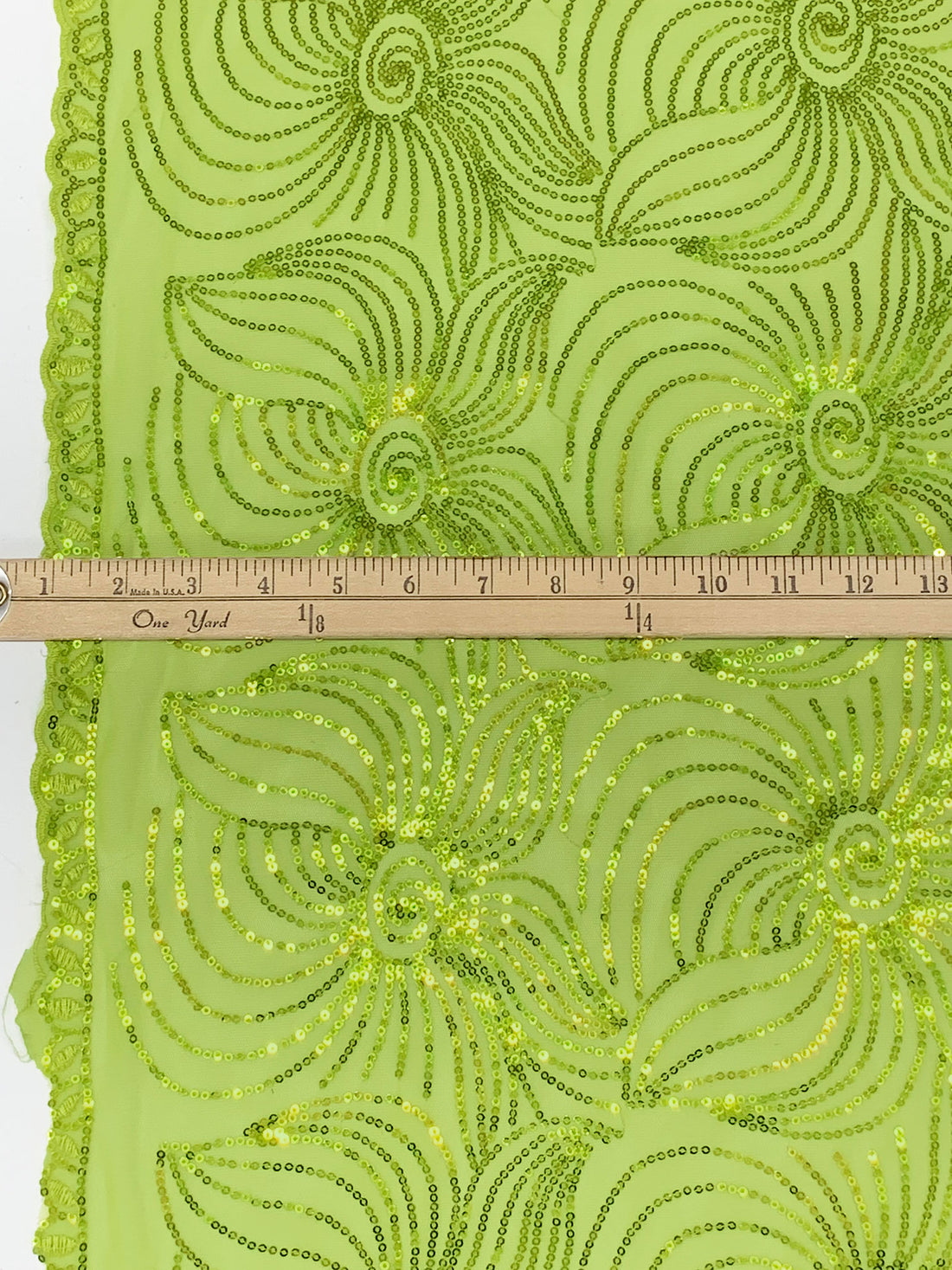 Wild Lime 100% Nylon Double Scalloped Edge Embroidered Swirly Floral Sequins On Netting 52W