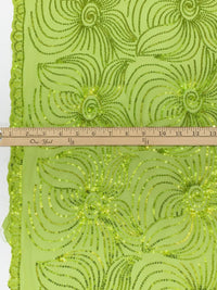 Wild Lime 100% Nylon Double Scalloped Edge Embroidered Swirly Floral Sequins On Netting 52W