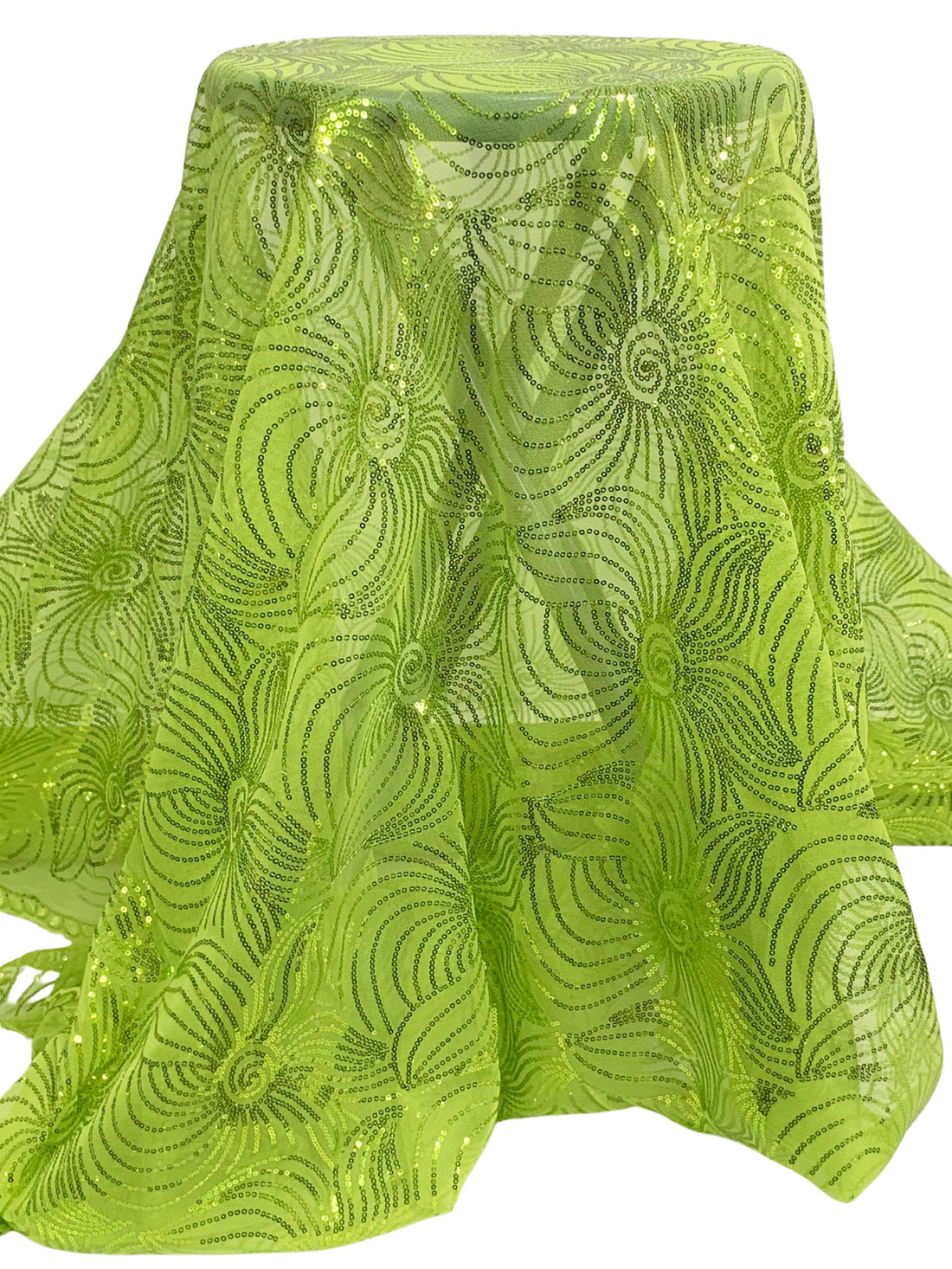 Wild Lime 100% Nylon Double Scalloped Edge Embroidered Swirly Floral Sequins On Netting 52W