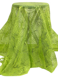 Wild Lime 100% Nylon Double Scalloped Edge Embroidered Swirly Floral Sequins On Netting 52W
