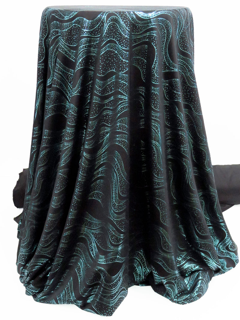 Black/Aqua Blue Polyester/Spandex Dotted Waves Foil Print Activewear Knit - Elite Sportswear- 56W