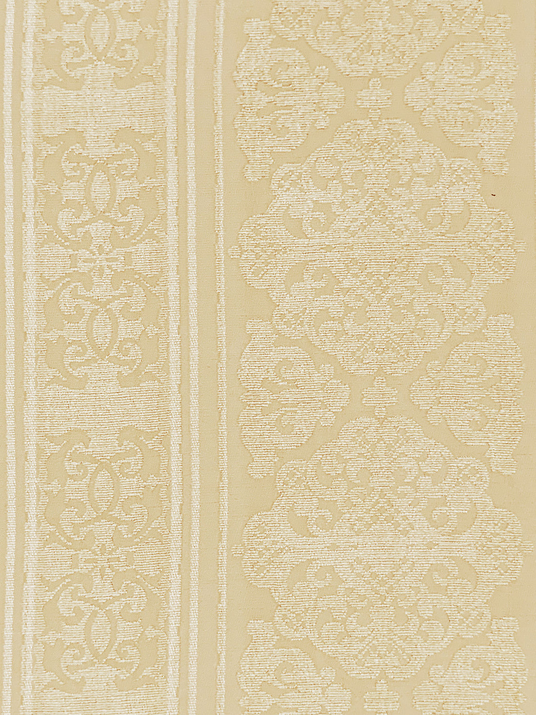 Golden Beige/Parchment Polyester/Rayon Vertical Ornate Medallion Stripe Weave Chenille Jacquard 52W