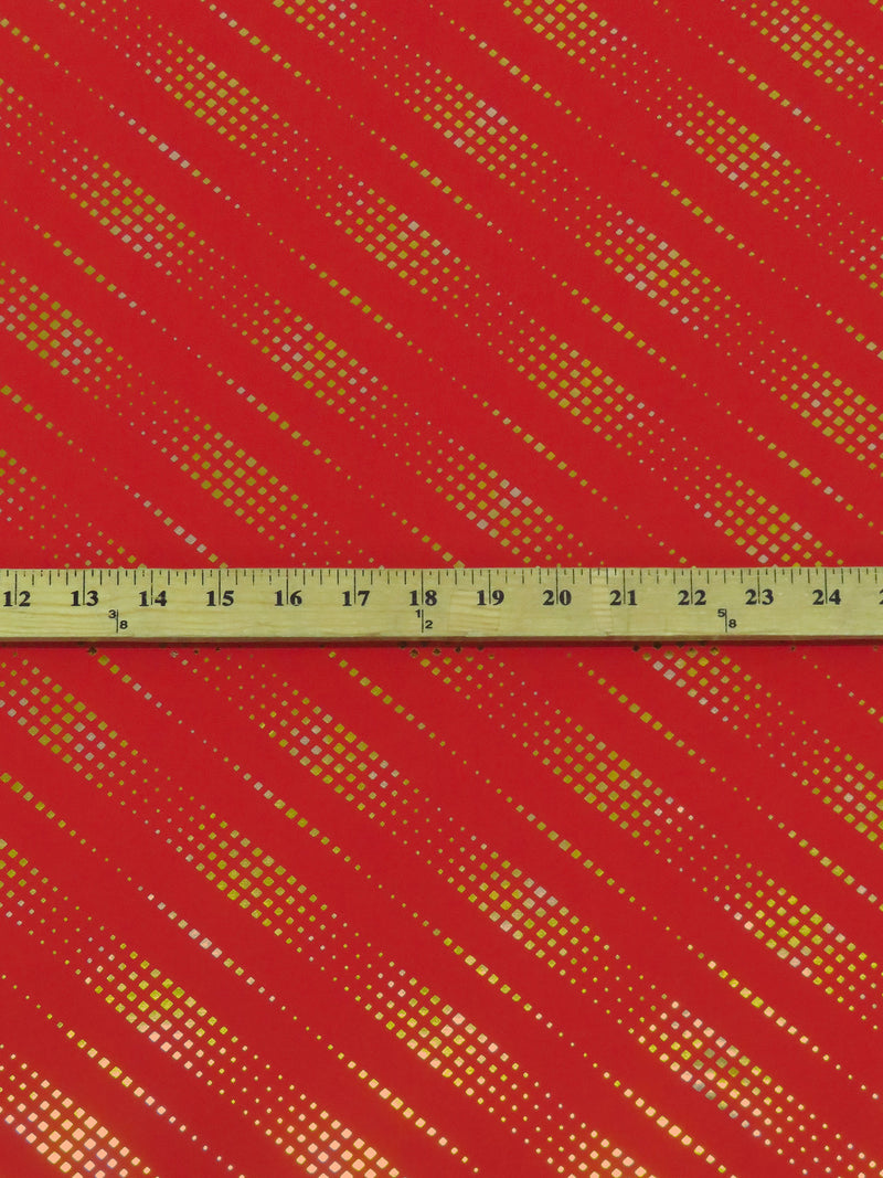 Fire Red/Brass/Silver Polyester/Spandex Novelty Dashed Diagonal Foil Print Activewear Knit - Elite Sportswear - 56W