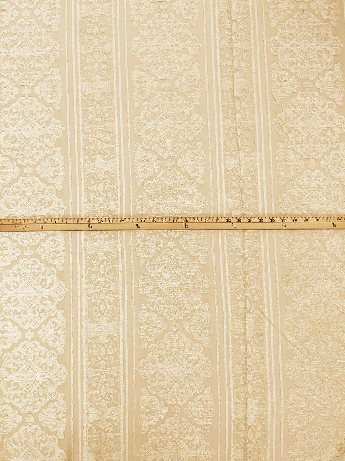 Golden Beige/Parchment Polyester/Rayon Vertical Ornate Medallion Stripe Weave Chenille Jacquard 52W