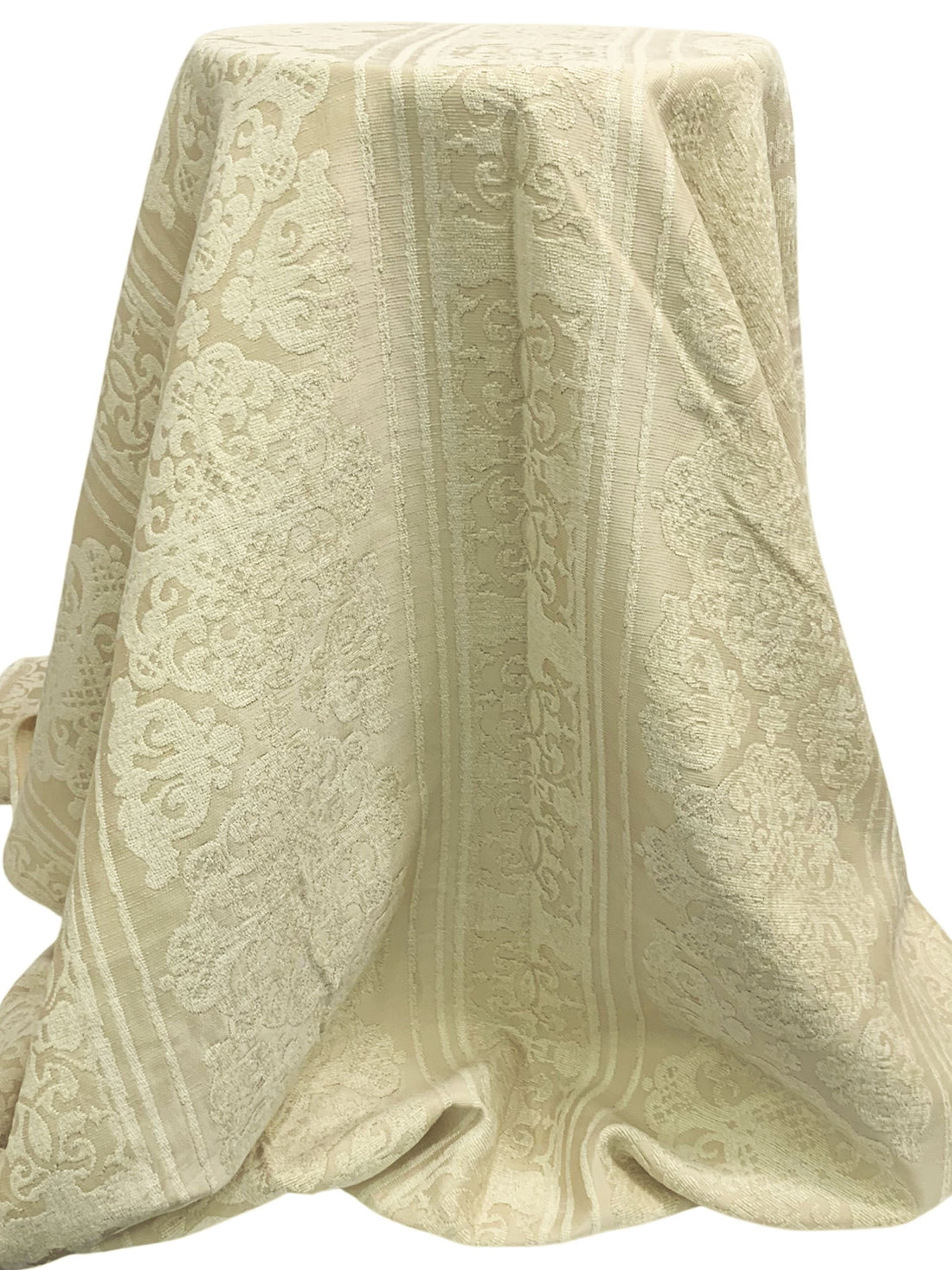 Golden Beige/Parchment Polyester/Rayon Vertical Ornate Medallion Stripe Weave Chenille Jacquard 52W