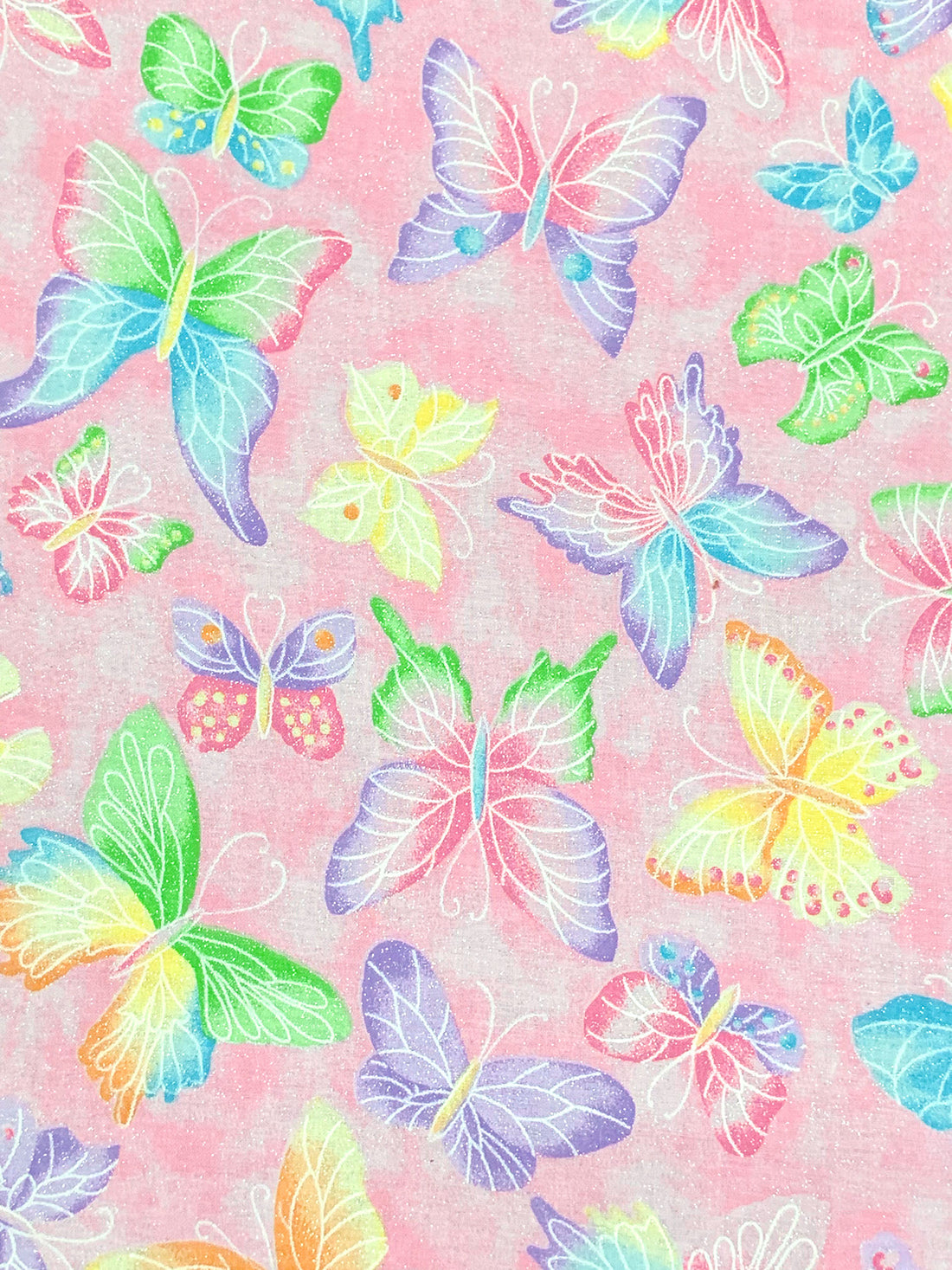 Pale Pink/Lime/Multi 100% Cotton Sparkle Butterfly Print Quilt Weight Woven 44W