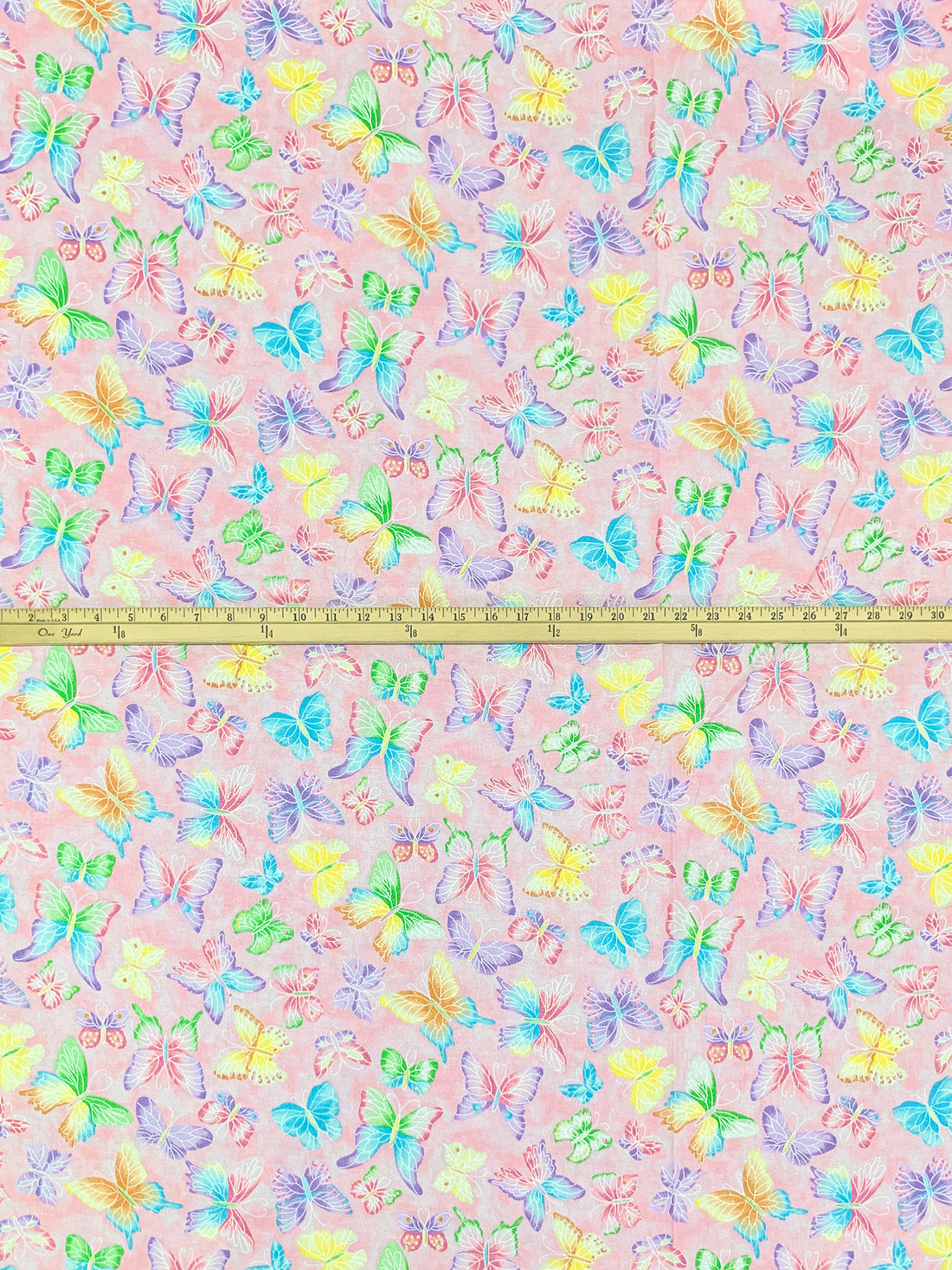Pale Pink/Lime/Multi 100% Cotton Sparkle Butterfly Print Quilt Weight Woven 44W