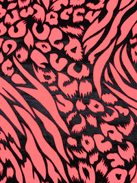 Highlighter Coral Pink/Black Polyester/Spandex Warped Animal Foil Print Activewear Knit - Elite Sportswear - 56W