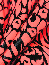 Highlighter Coral Pink/Black Polyester/Spandex Warped Animal Foil Print Activewear Knit - Elite Sportswear - 56W