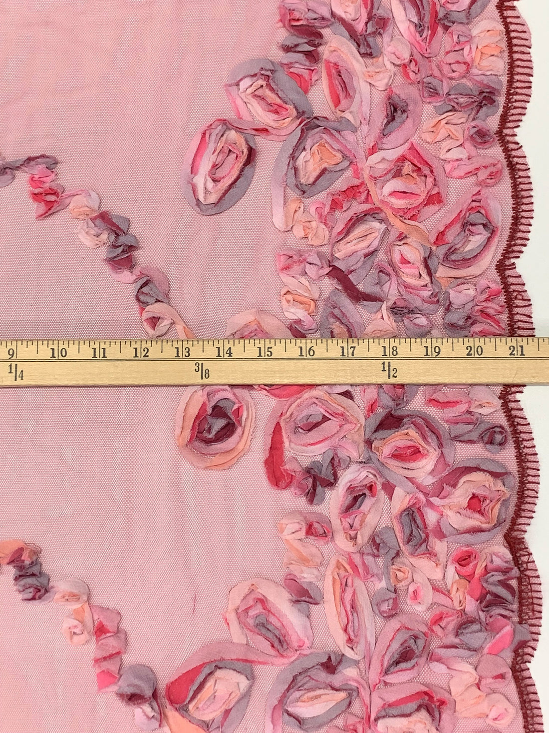 Antique Ruby/Petal Pink/Melon/Multi 100% Nylon Scalloped Double Border Embellished Rosettes Netting 46W