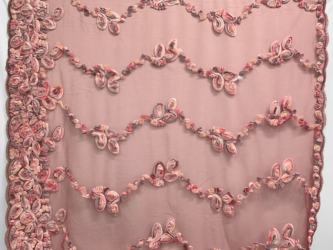 Antique Ruby/Petal Pink/Melon/Multi 100% Nylon Scalloped Double Border Embellished Rosettes Netting 46W