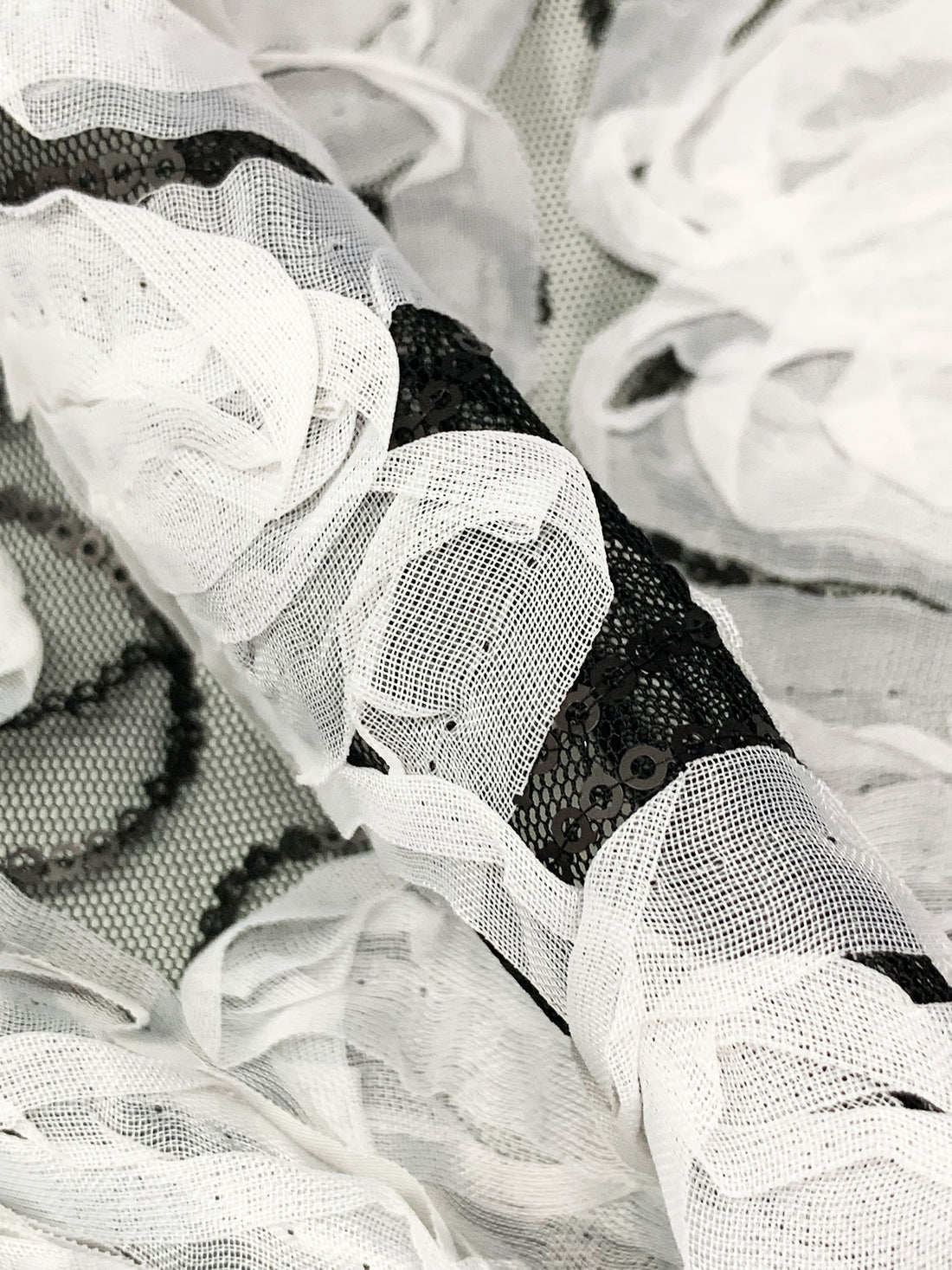 White/Black 100% Nylon Embellished Rosettes With Sequins Netting 52W