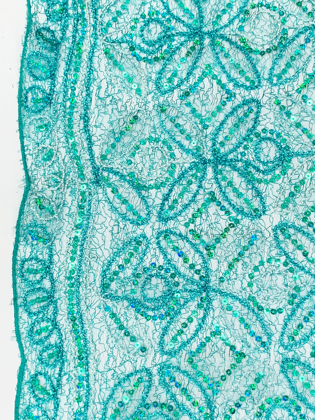 Teal/Off-White/Multi 100% Nylon Double Scalloped Border Embellished Petal Medallion With Sequins Netting 48W