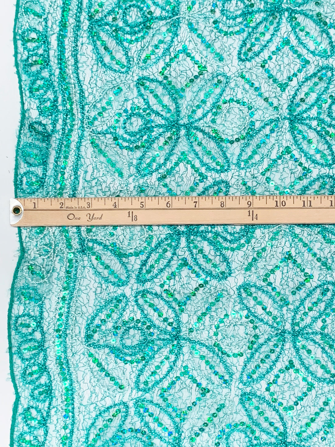 Teal/Off-White/Multi 100% Nylon Double Scalloped Border Embellished Petal Medallion With Sequins Netting 48W