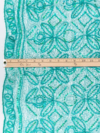 Teal/Off-White/Multi 100% Nylon Double Scalloped Border Embellished Petal Medallion With Sequins Netting 48W