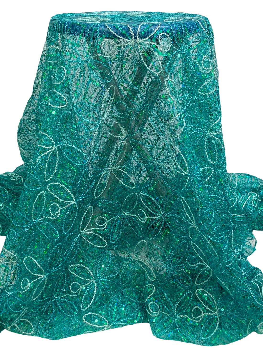 Teal/Off-White/Multi 100% Nylon Double Scalloped Border Embellished Petal Medallion With Sequins Netting 48W