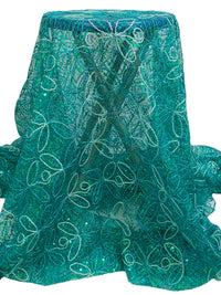 Teal/Off-White/Multi 100% Nylon Double Scalloped Border Embellished Petal Medallion With Sequins Netting 48W