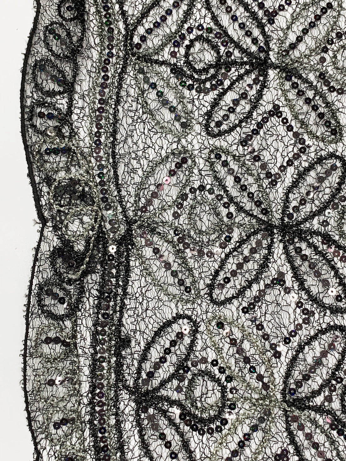 Black/Pale Willow Gray 100% Nylon Double Scalloped Border Embellished Petal Medallion With Sequins Netting 46W