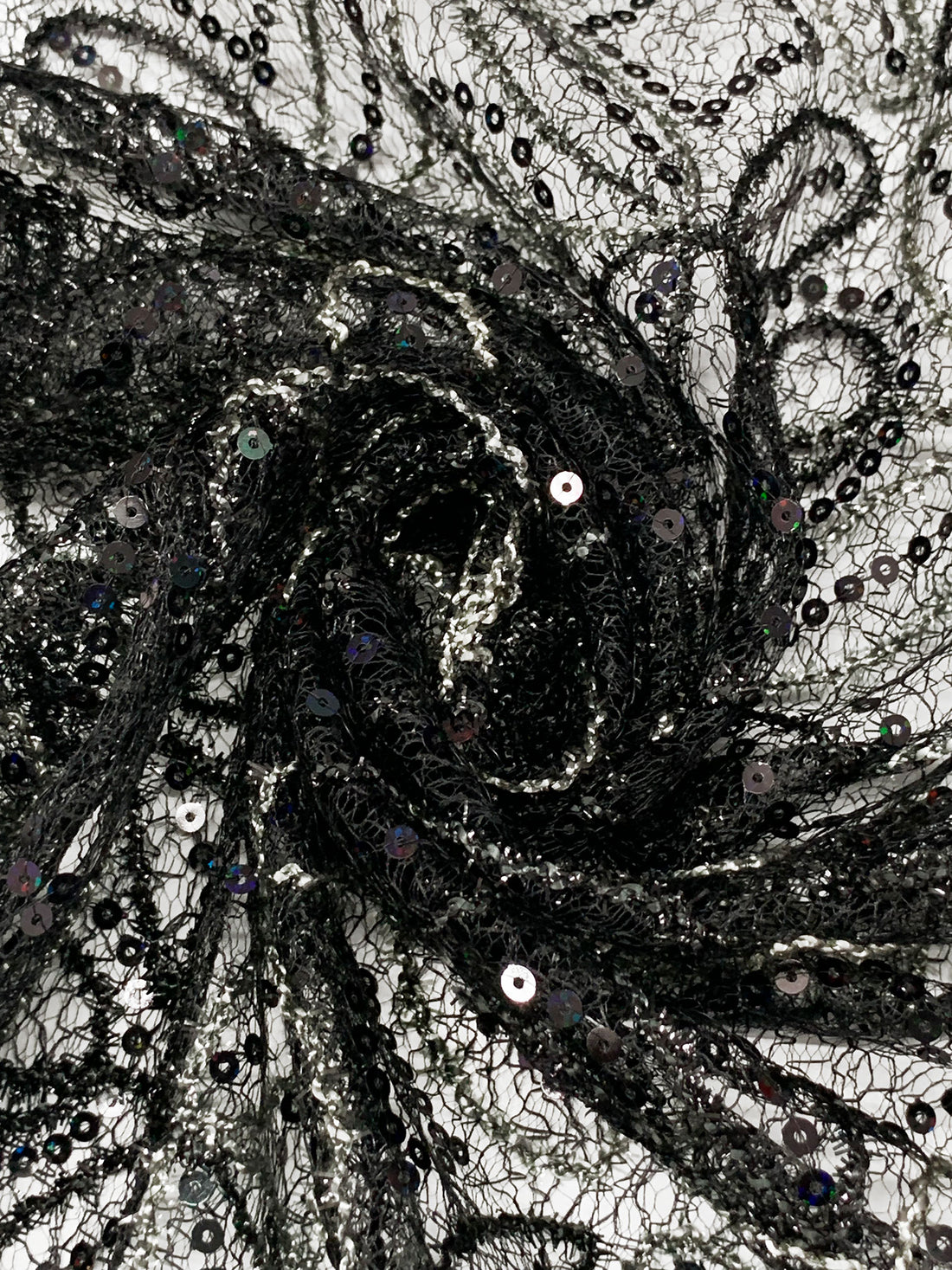 Black/Pale Willow Gray 100% Nylon Double Scalloped Border Embellished Petal Medallion With Sequins Netting 46W