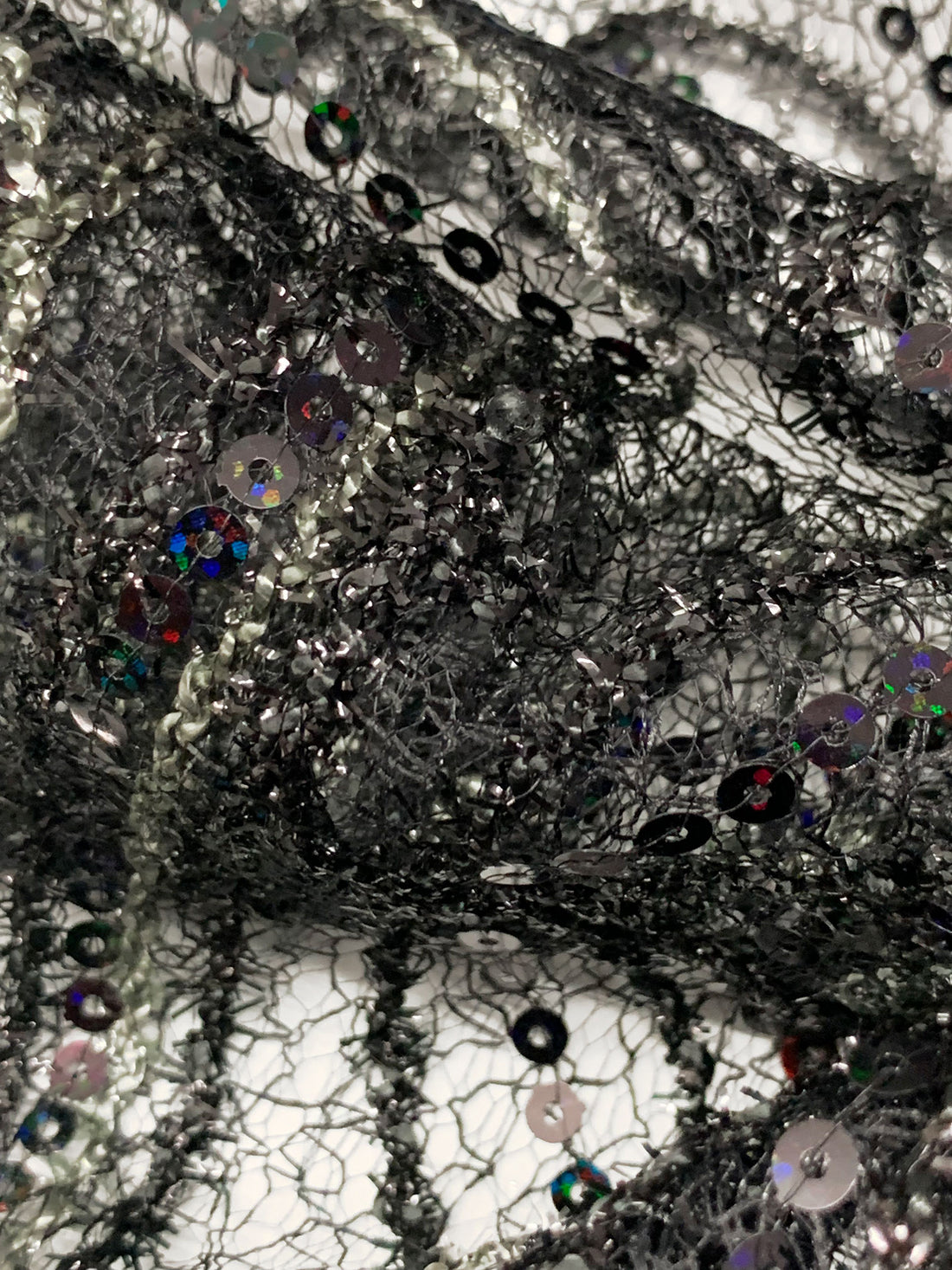 Black/Pale Willow Gray 100% Nylon Double Scalloped Border Embellished Petal Medallion With Sequins Netting 46W