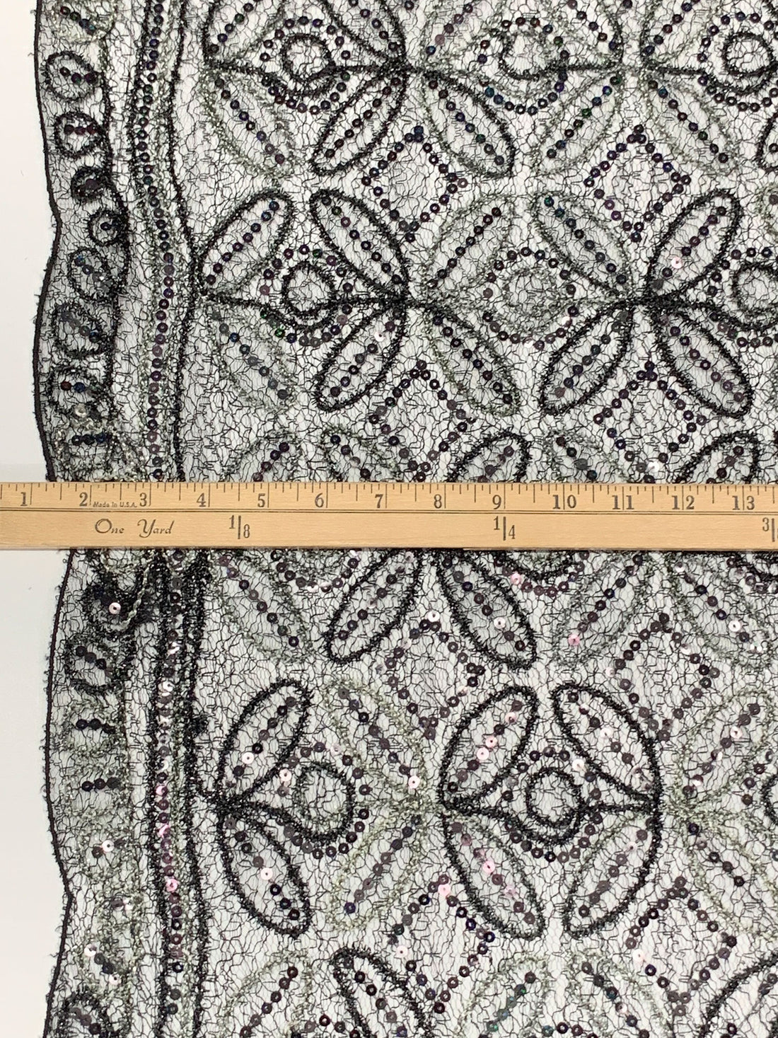 Black/Pale Willow Gray 100% Nylon Double Scalloped Border Embellished Petal Medallion With Sequins Netting 46W