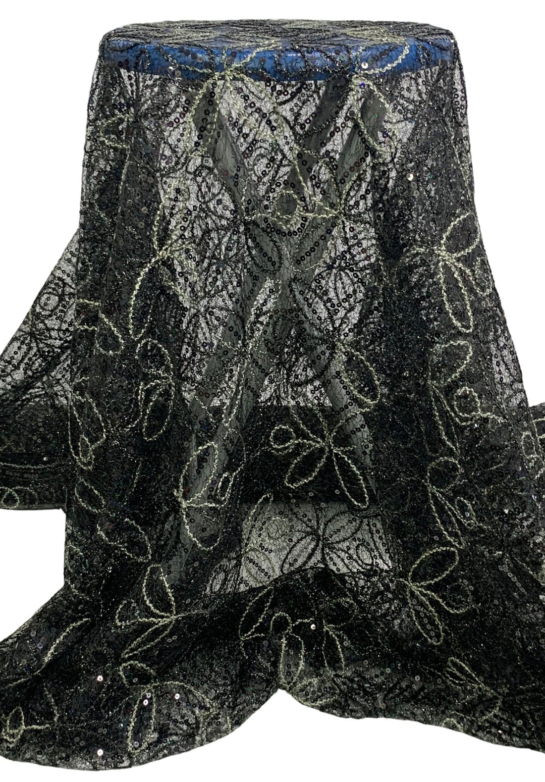 Black/Pale Willow Gray 100% Nylon Double Scalloped Border Embellished Petal Medallion With Sequins Netting 46W
