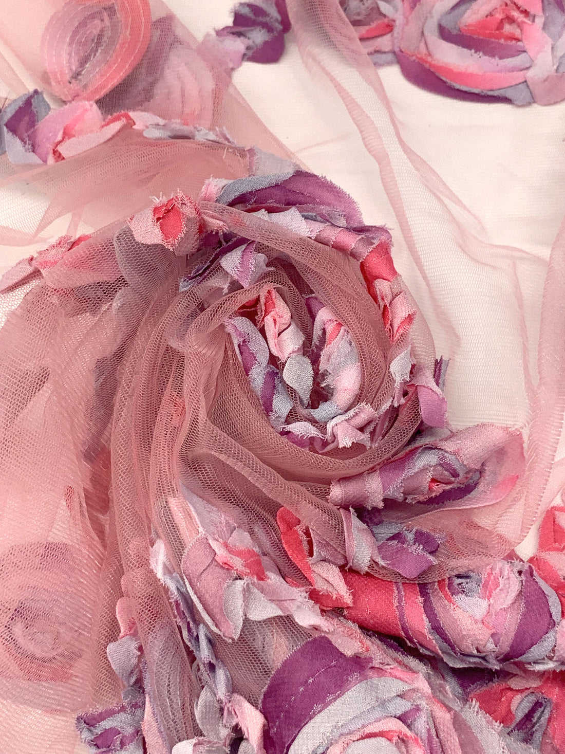 Old Rose Pink/Sugar Plum/Multi 100% Nylon Double Scalloped Border Embellished Floral Netting 50W