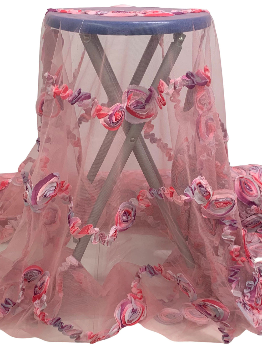 Old Rose Pink/Sugar Plum/Multi 100% Nylon Double Scalloped Border Embellished Floral Netting 50W