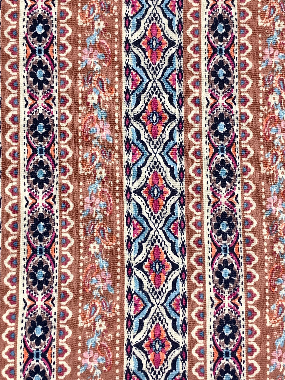 Copper Penny/Sky Blue/Off-White/Multi 100% Rayon Vertical Stylized Floral Stripe Print Challis 52W