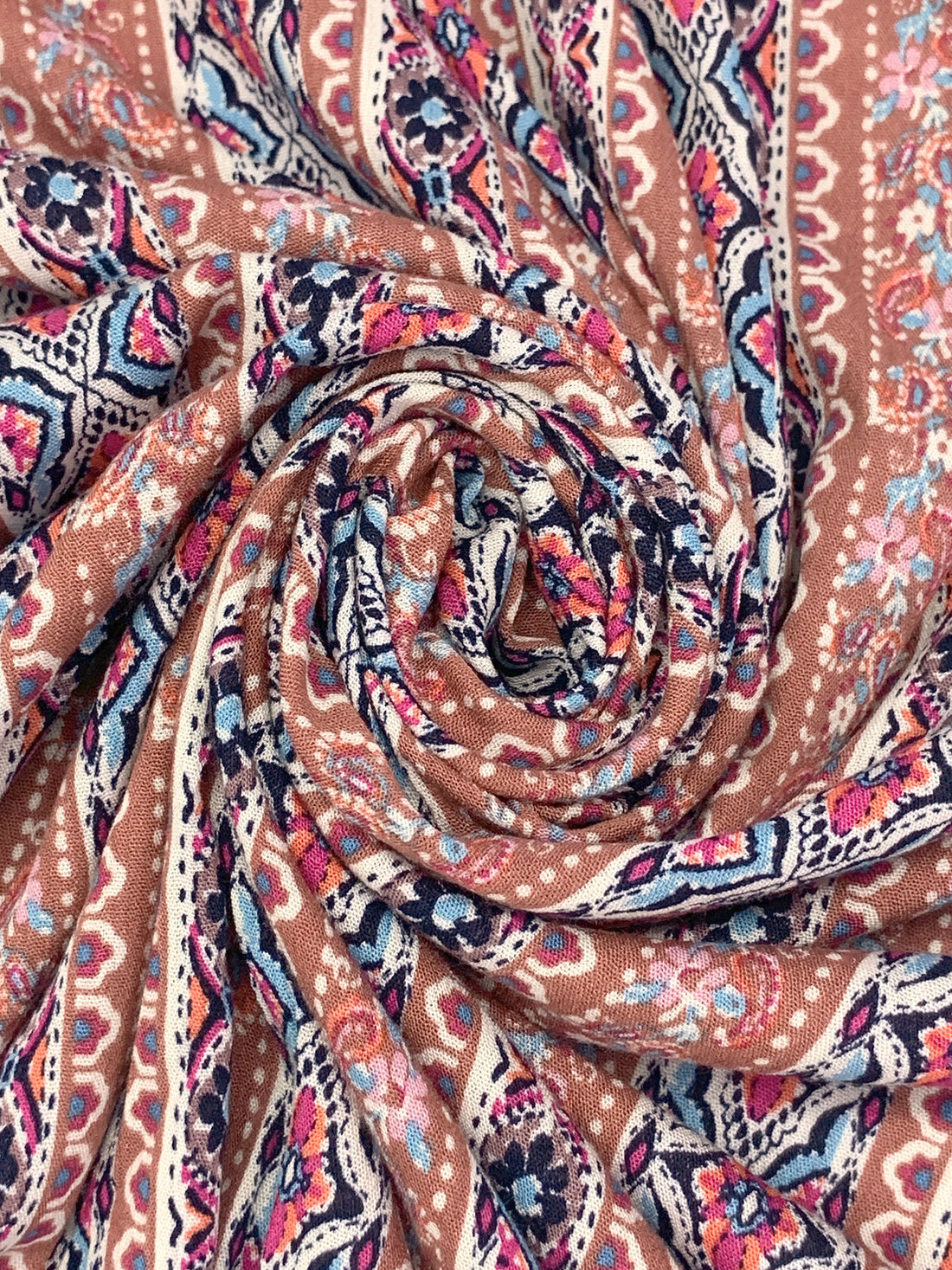 Copper Penny/Sky Blue/Off-White/Multi 100% Rayon Vertical Stylized Floral Stripe Print Challis 52W