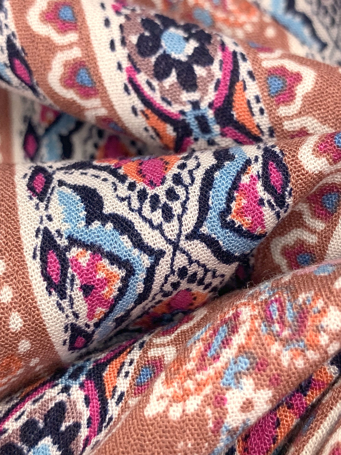 Copper Penny/Sky Blue/Off-White/Multi 100% Rayon Vertical Stylized Floral Stripe Print Challis 52W