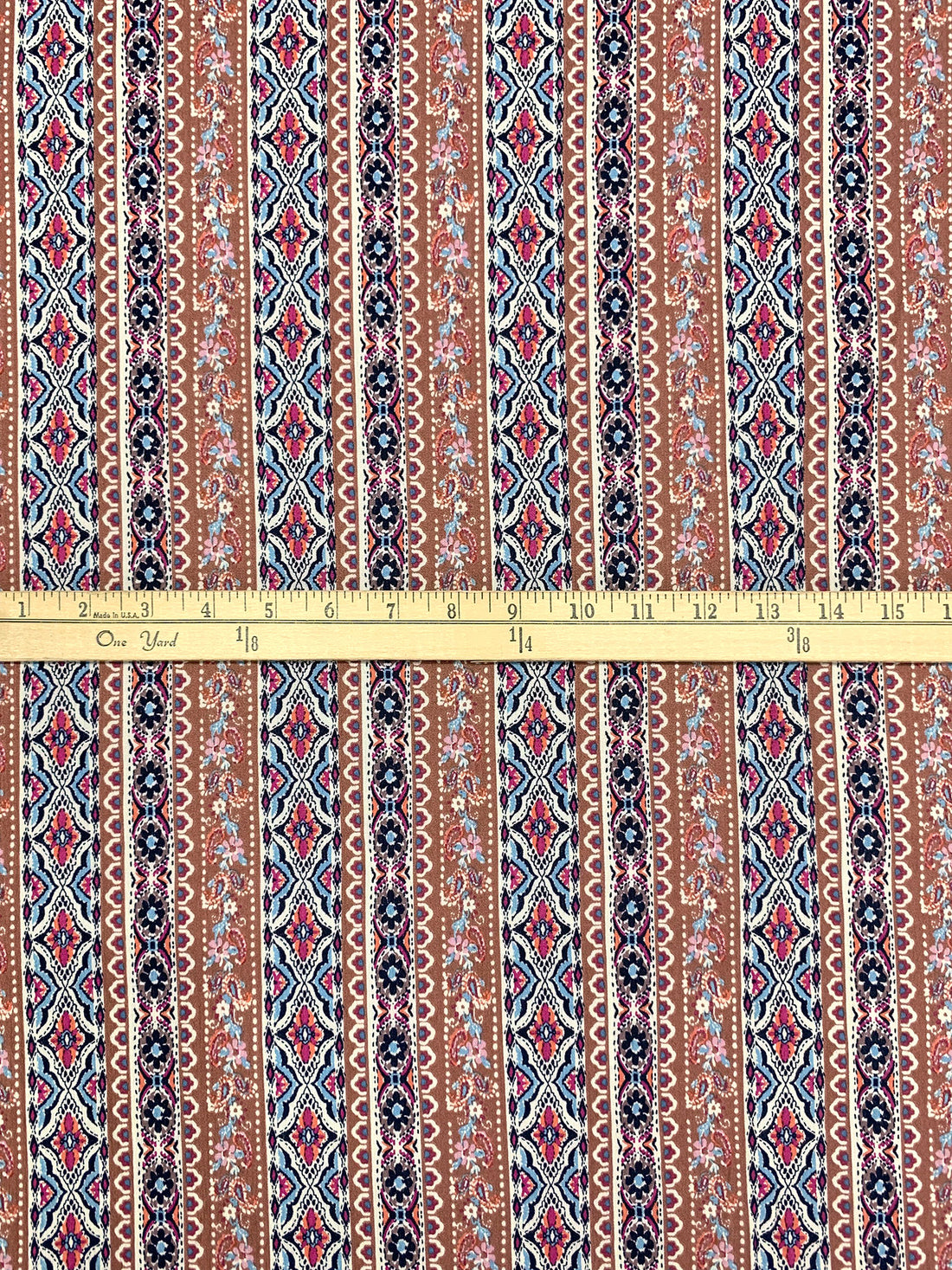 Copper Penny/Sky Blue/Off-White/Multi 100% Rayon Vertical Stylized Floral Stripe Print Challis 52W