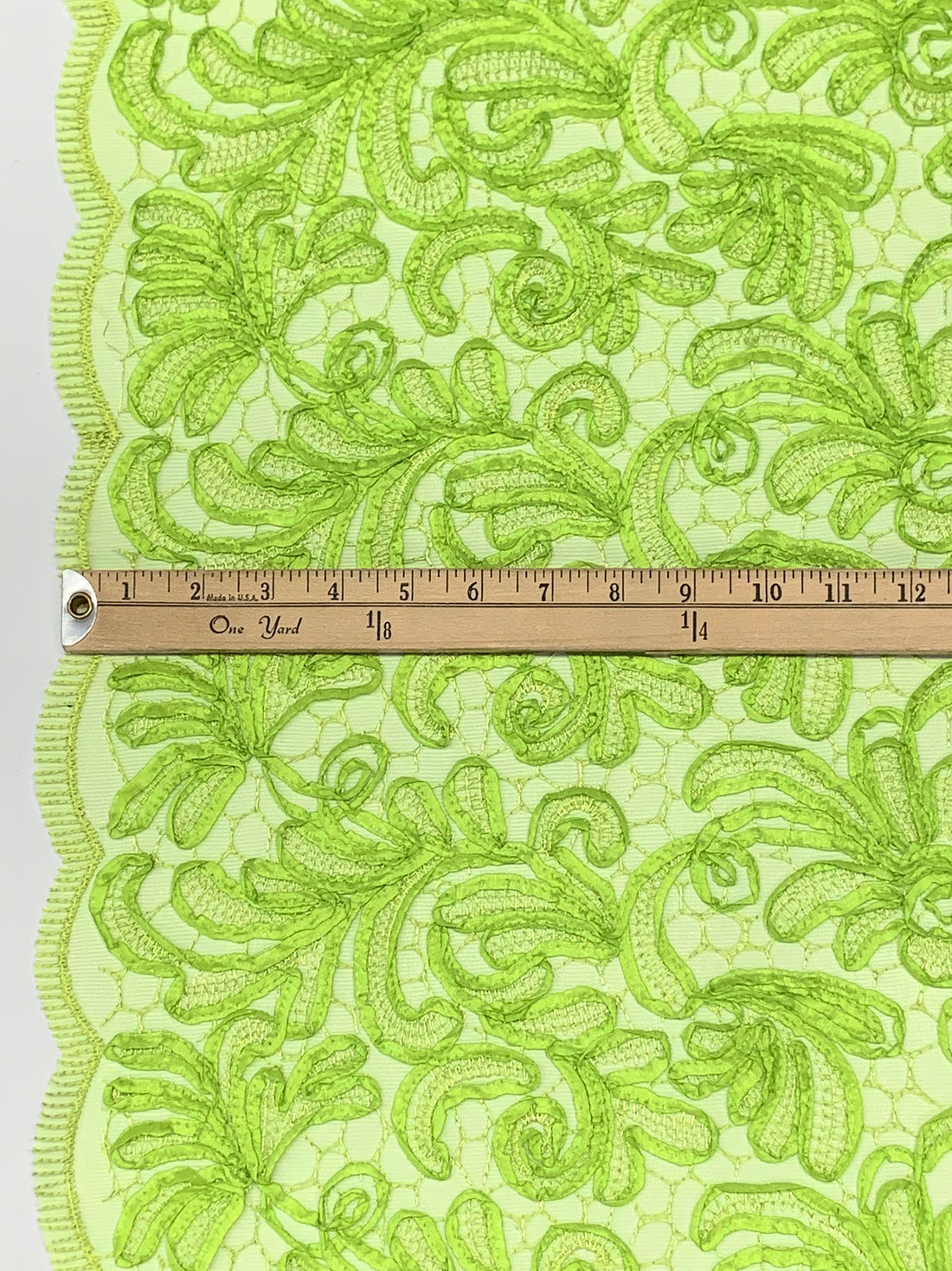 Lime Burst 100% Nylon Double Scalloped Border Embellished Floral Netting 49W