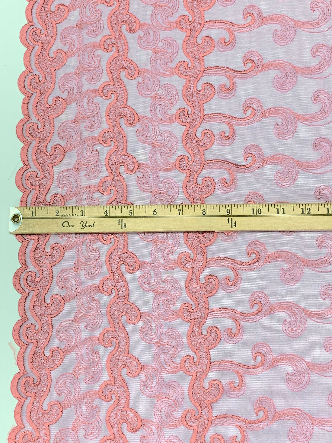 Old Mauve/Salmon Rose 100% Nylon Double Scalloped Border Embellished Horizontal Paisley Netting 52W