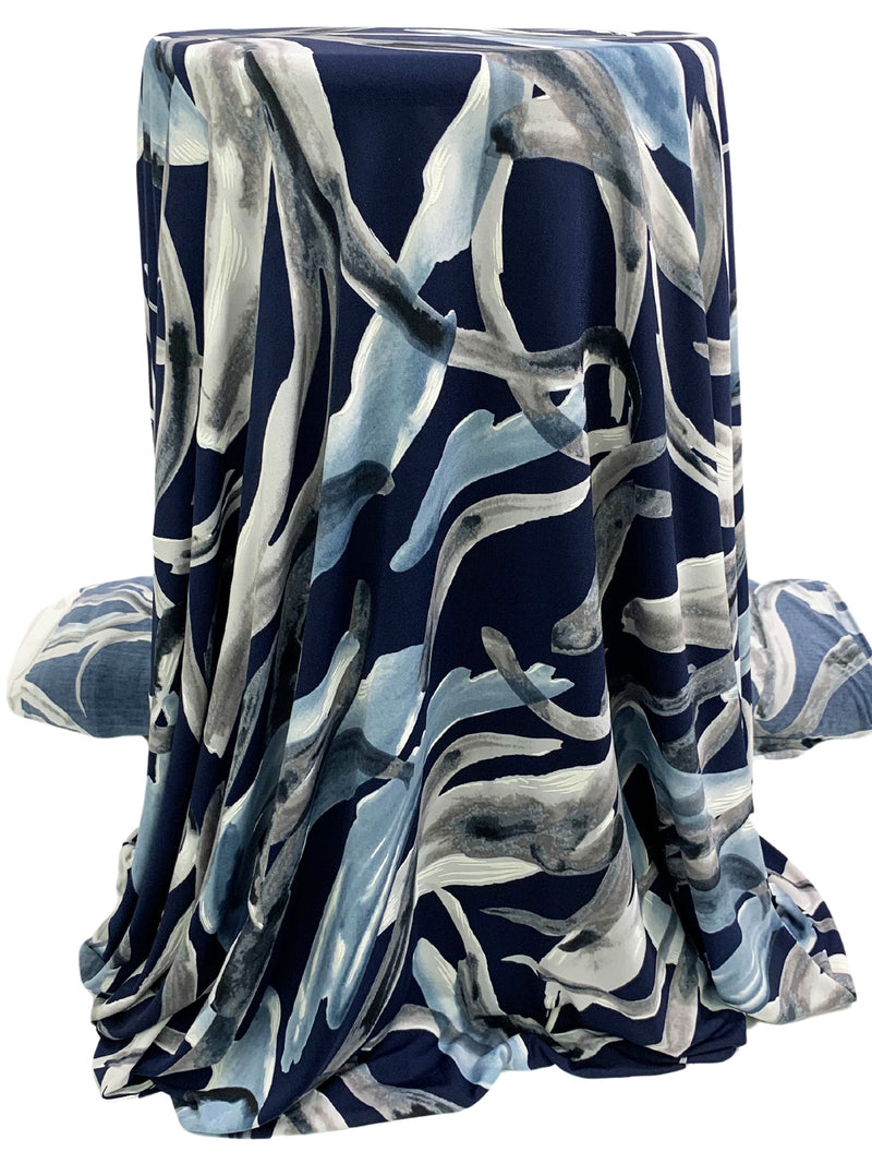 Pewter Blue/Navy Blue/Pale Gray/White Polyester/Lycra Puff Accent On Abstract Wisp Print ITY Knit 58W