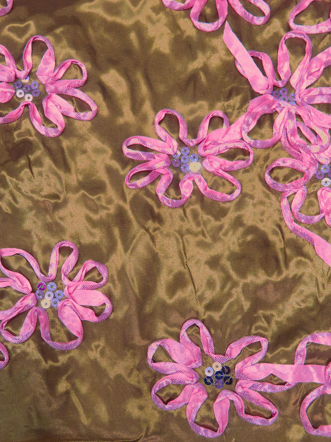 Dark Golden Brown/French Pink 100% Polyester Embellished Floral Rosette Satin with Sequins 53W