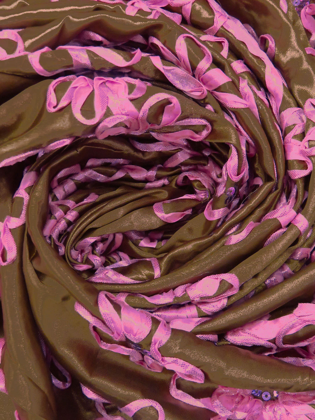 Dark Golden Brown/French Pink 100% Polyester Embellished Floral Rosette Satin with Sequins 53W