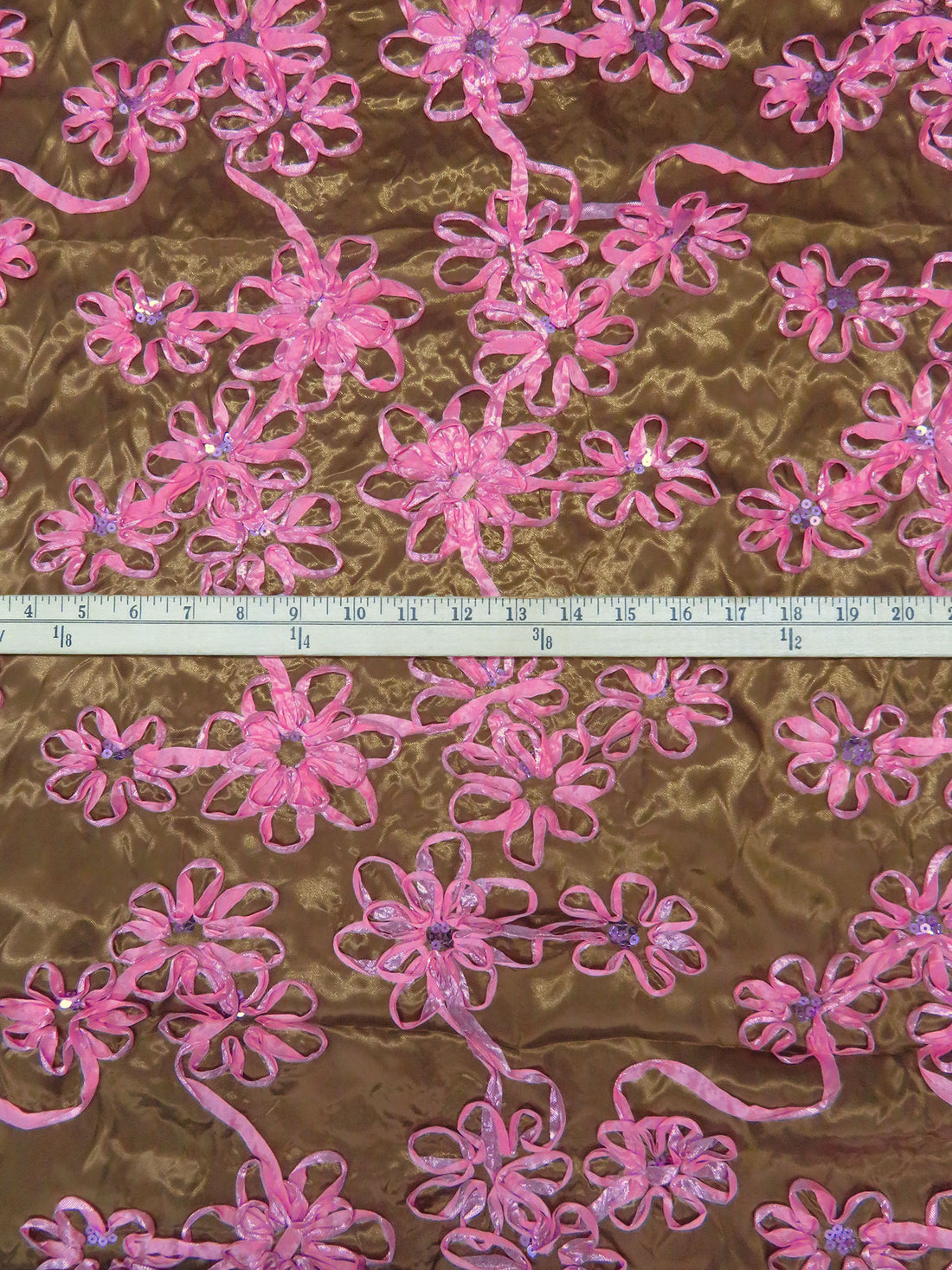 Dark Golden Brown/French Pink 100% Polyester Embellished Floral Rosette Satin with Sequins 53W