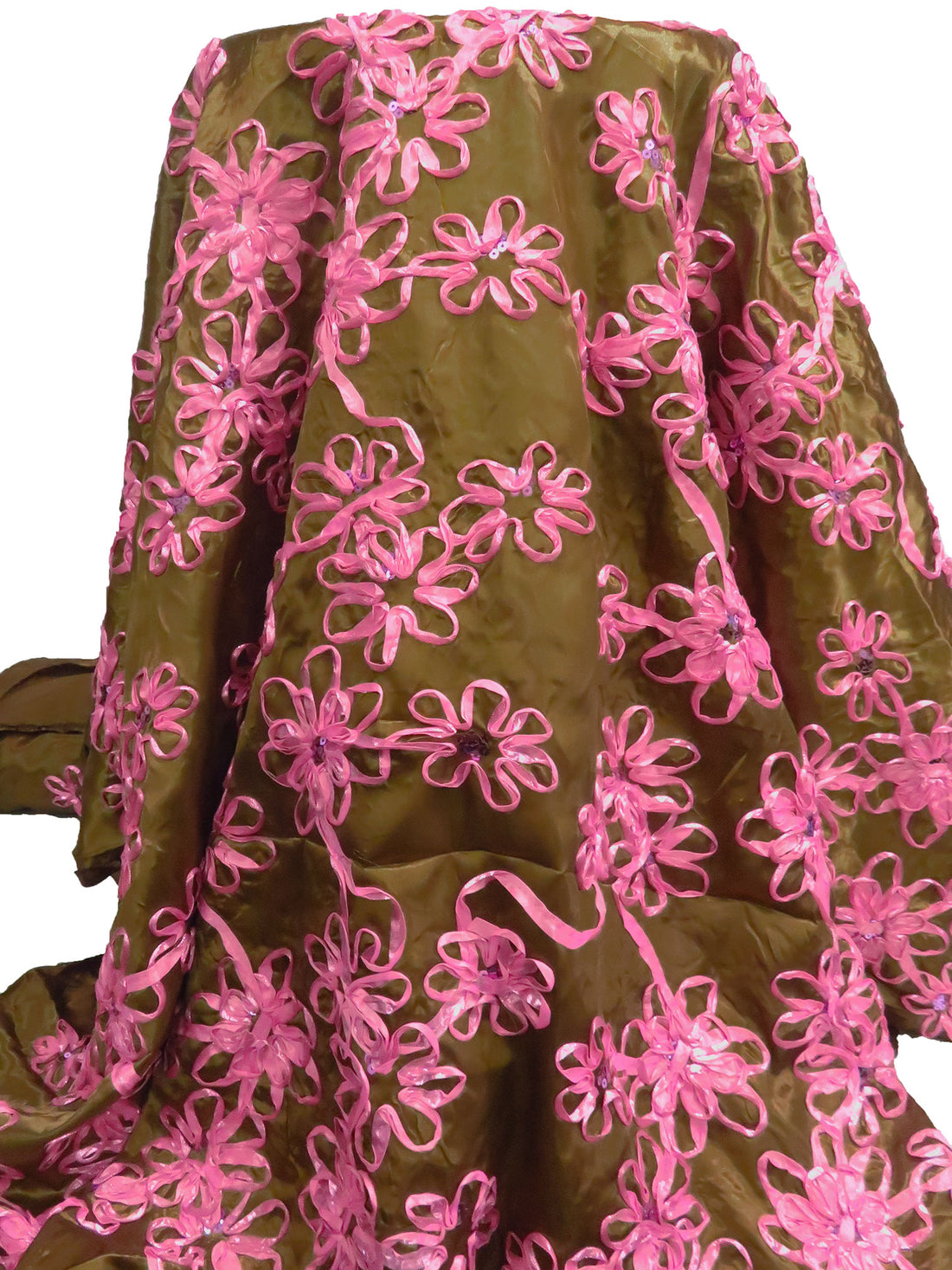 Dark Golden Brown/French Pink 100% Polyester Embellished Floral Rosette Satin with Sequins 53W