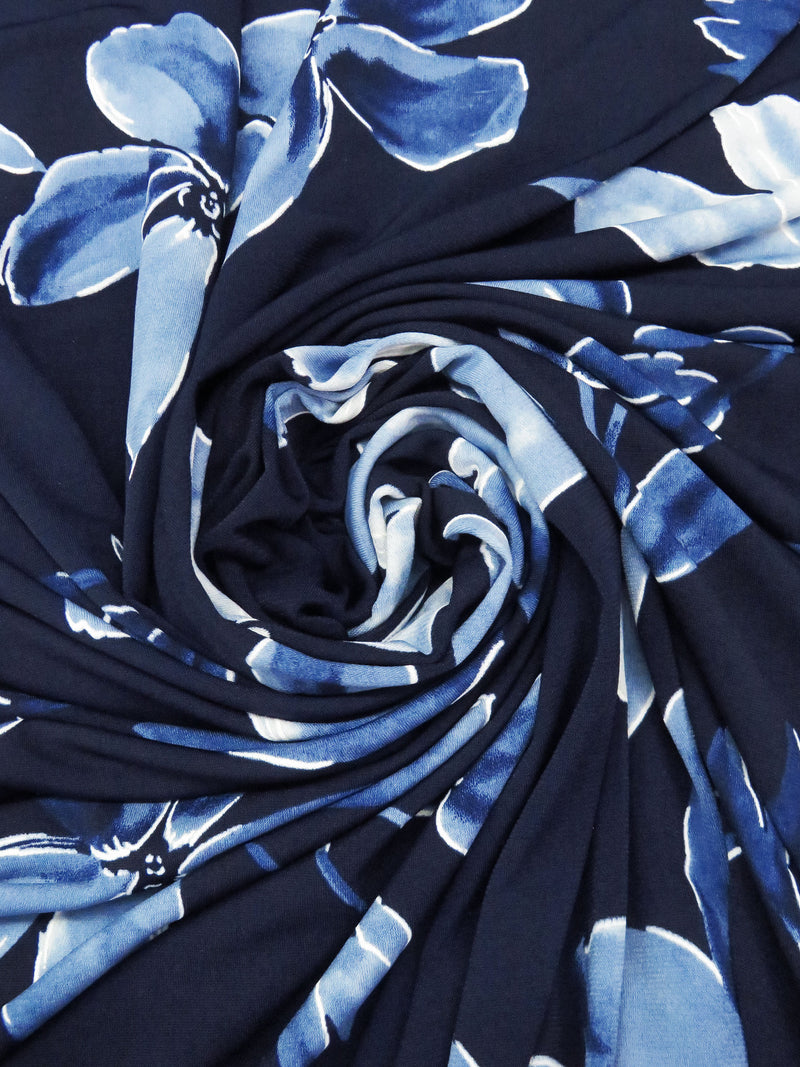 Dark Navy/Slate Blue/Ghost White Polyester/Lycra Floral Print ITY Knit 58W