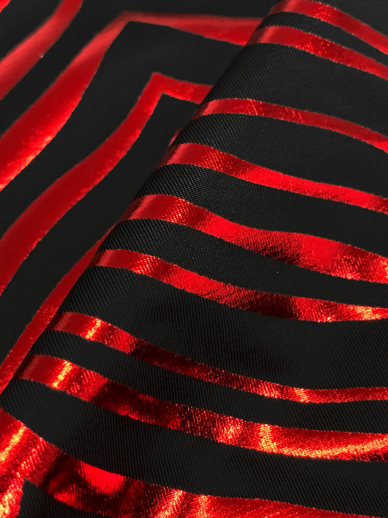 Red/Black Polyester/Spandex Abstract Irregular Chevron Foil Print Activewear Knit - Elite Sportswear - 58W