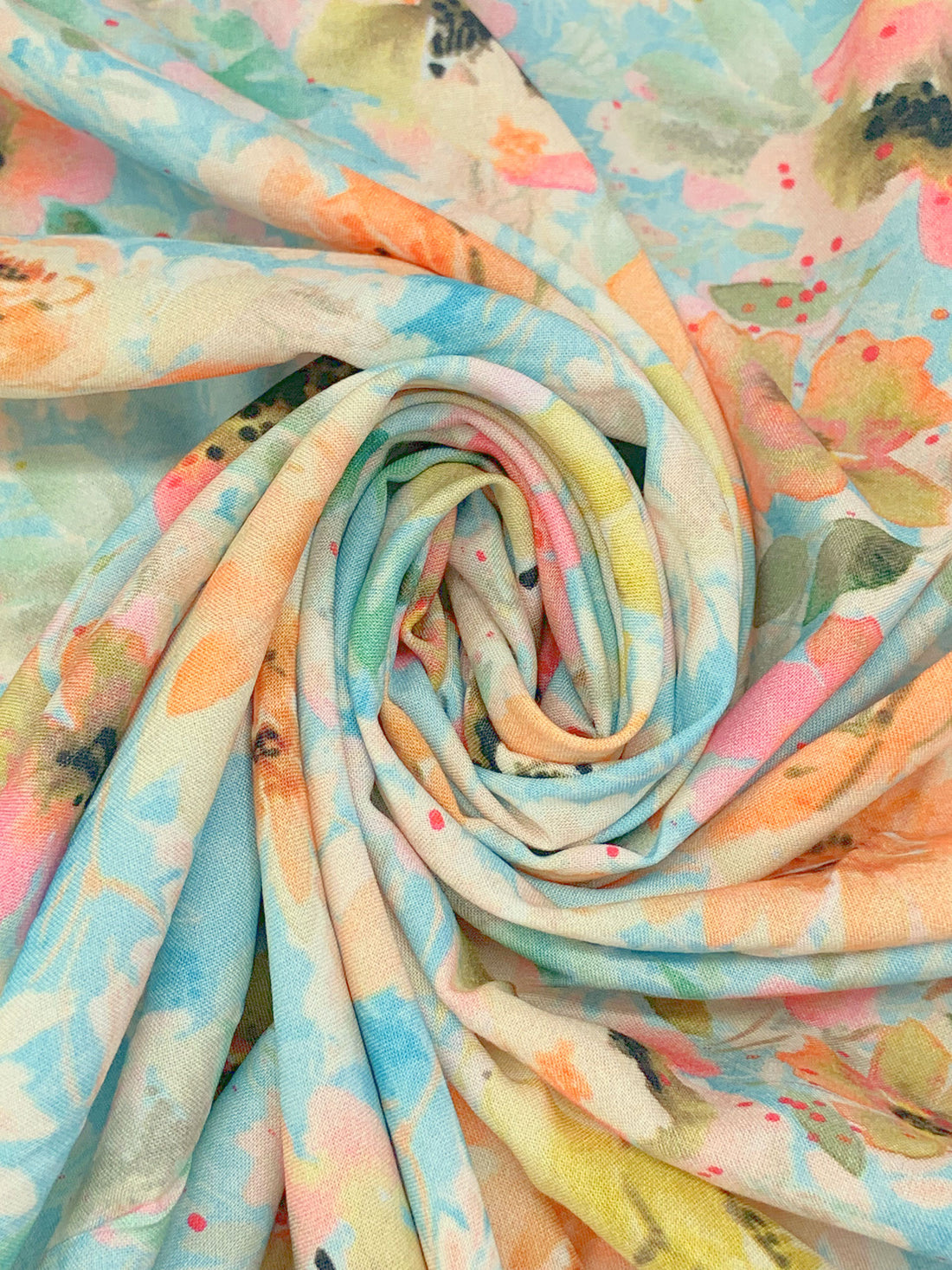 Soft Blue/Ruddy Pink/Old Gold/Multi 100% Rayon Floral Print Challis 58W