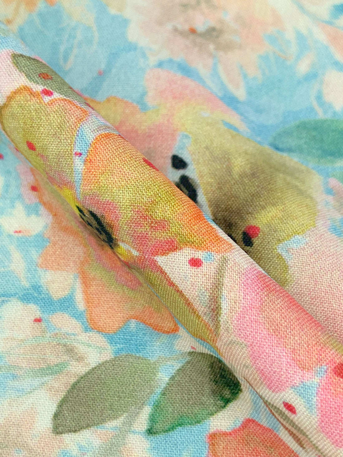 Soft Blue/Ruddy Pink/Old Gold/Multi 100% Rayon Floral Print Challis 58W